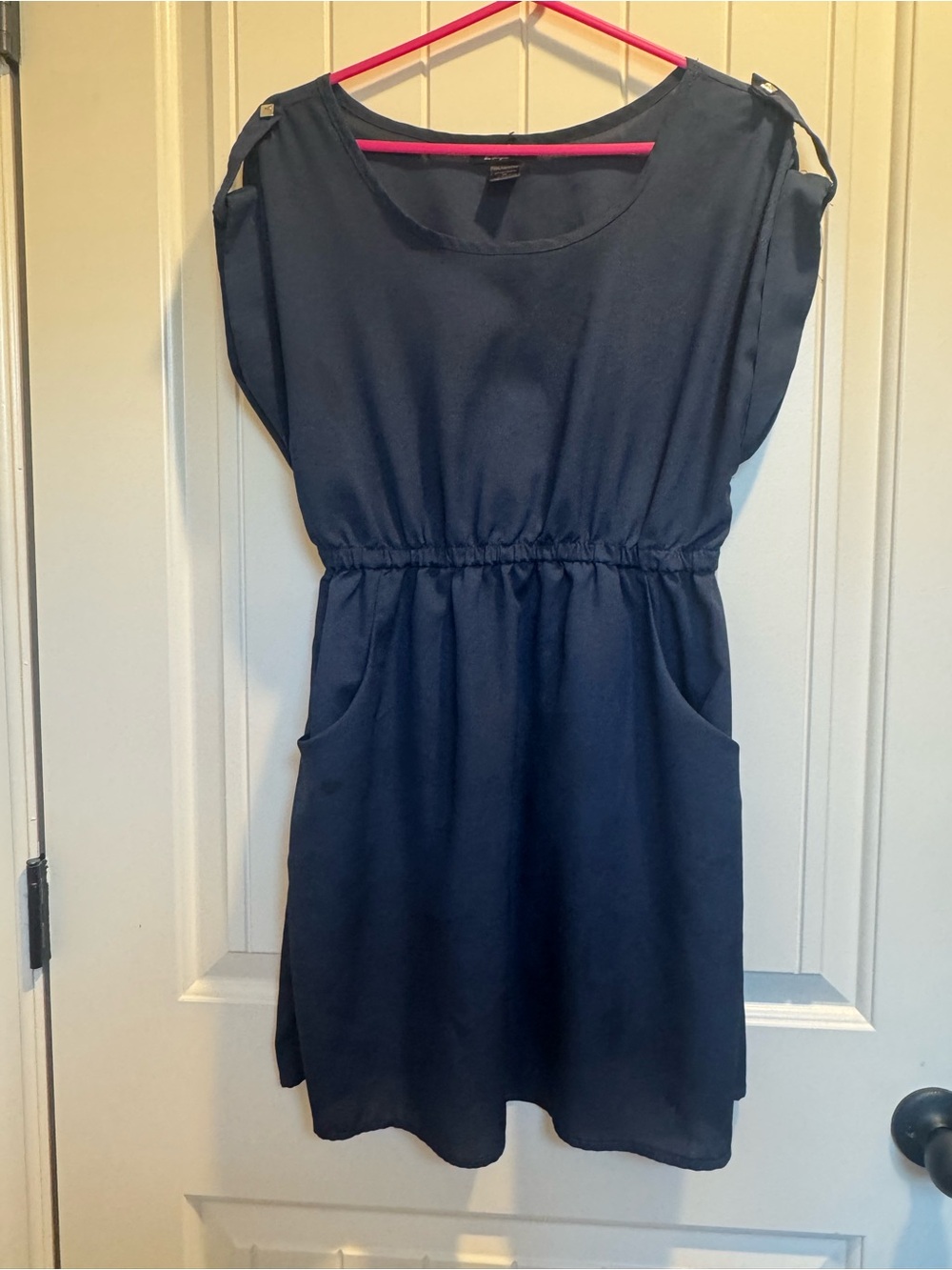 Delirious Navy Sleeveless Elastic-Waist Dress with Shoulder Button Detail